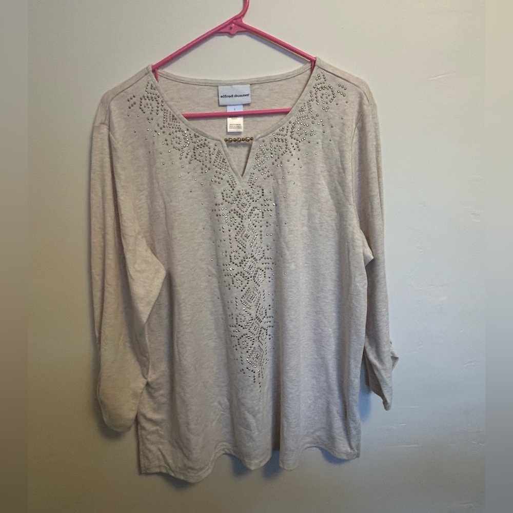 Alfred Dunner Beige Embellished V-Notch Tunic Top